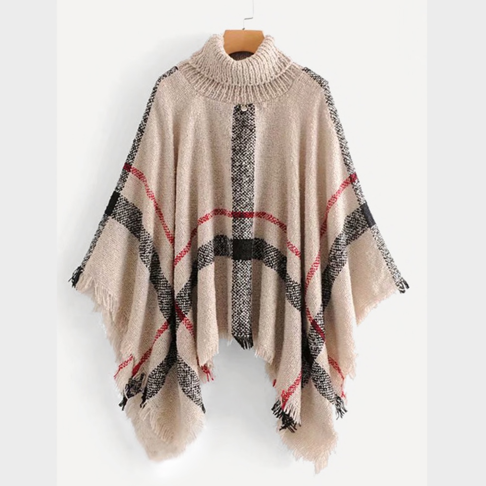 Plaid Beige Turtleneck Poncho - Picture 6 of 11
